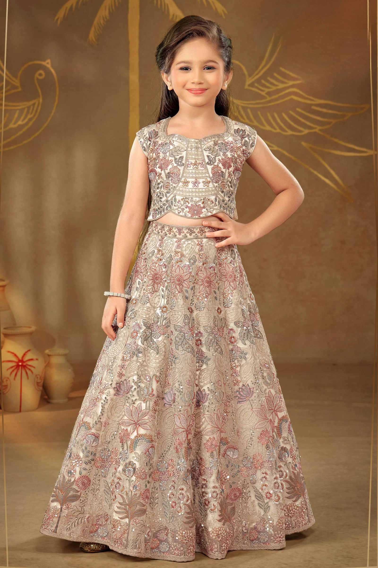 Sandal Multicolor Thread, Sequins and Zari work Lehenga Choli